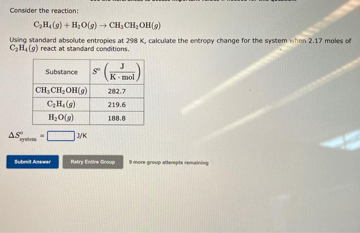 Solved Consider the reaction C2H4 g H2O g CH3CH2OH g Chegg