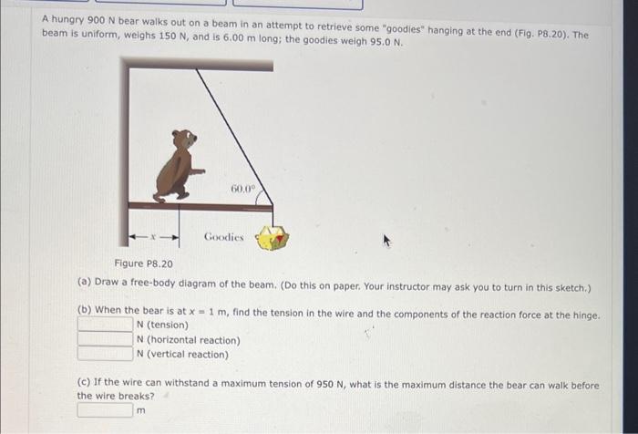 Solved A hungry 900 N bear walks out on a beam in an attempt | Chegg.com