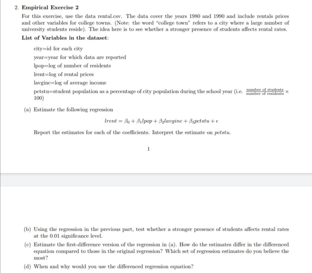 Solved 2. Empirical Exercise 2 For this exercise, use the | Chegg.com