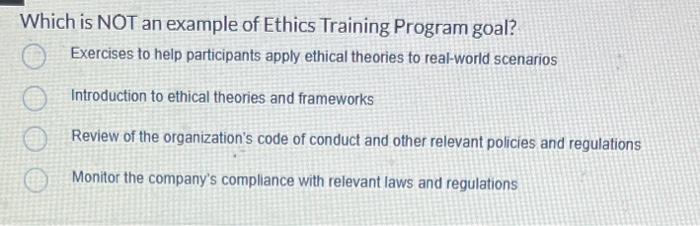 Solved Which is NOT an example of Ethics Training Program | Chegg.com