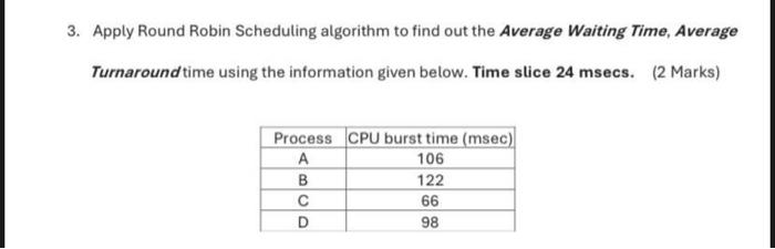 Solved 3. Apply Round Robin Scheduling algorithm to find out | Chegg.com