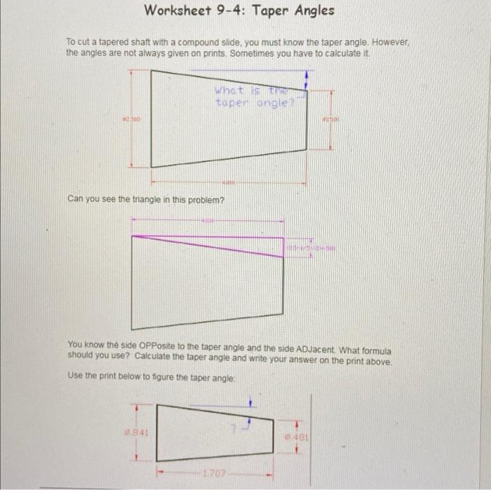 Solved Worksheet 94 Taper Angles To cut a tapered shaft
