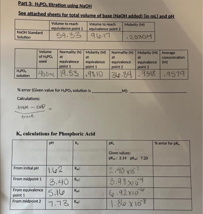 Solved Part 3 H3PO4 titration using NaOH See attached