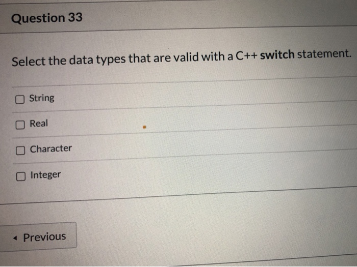 Solved Question 33 Select the data types that are valid with | Chegg.com