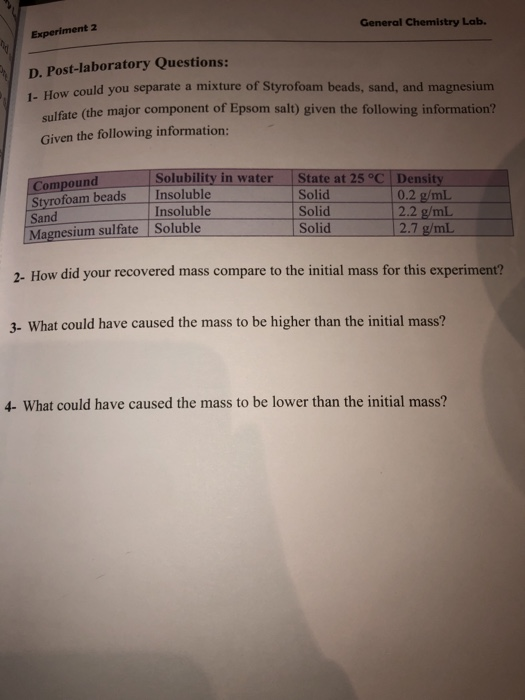 Solved General Chemistry Lab. Experiment 2 D.