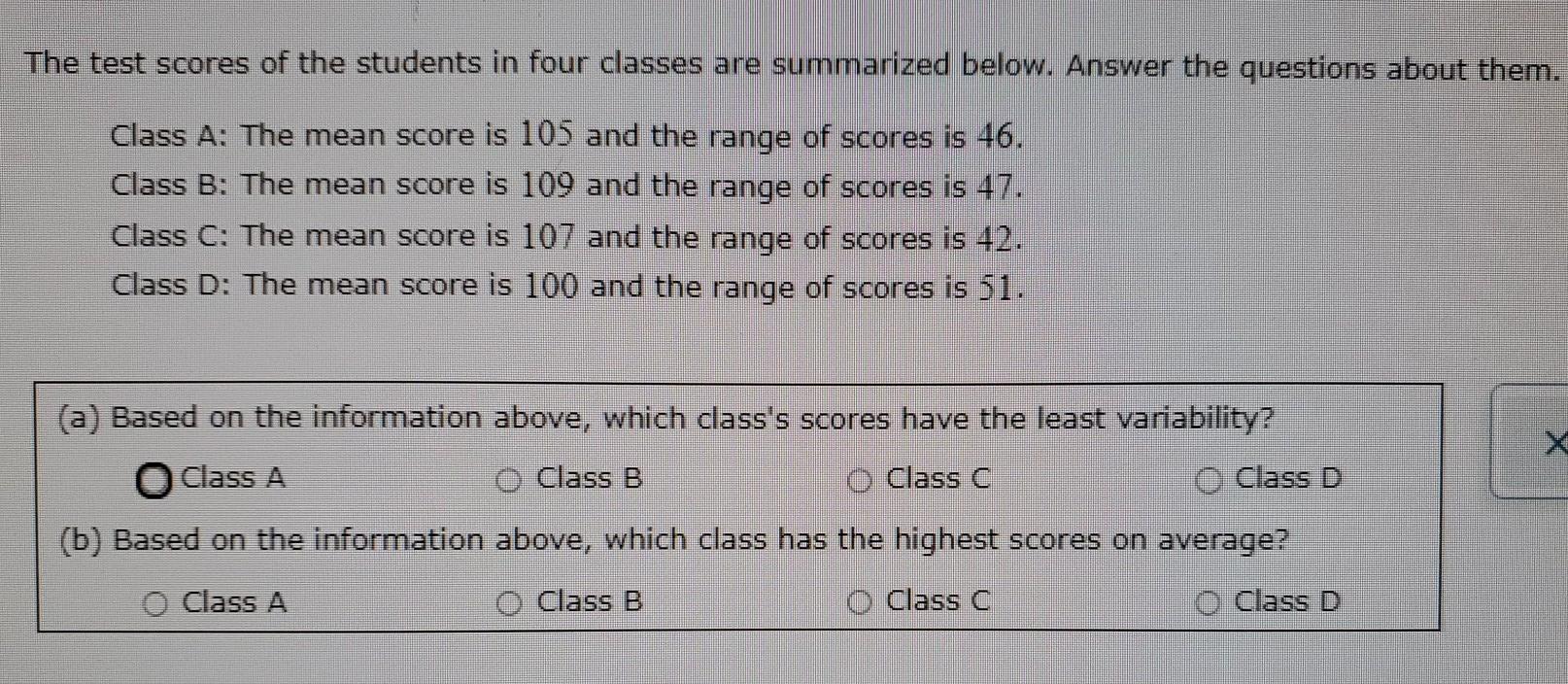 Solved The test scores of the students in four classes are | Chegg.com