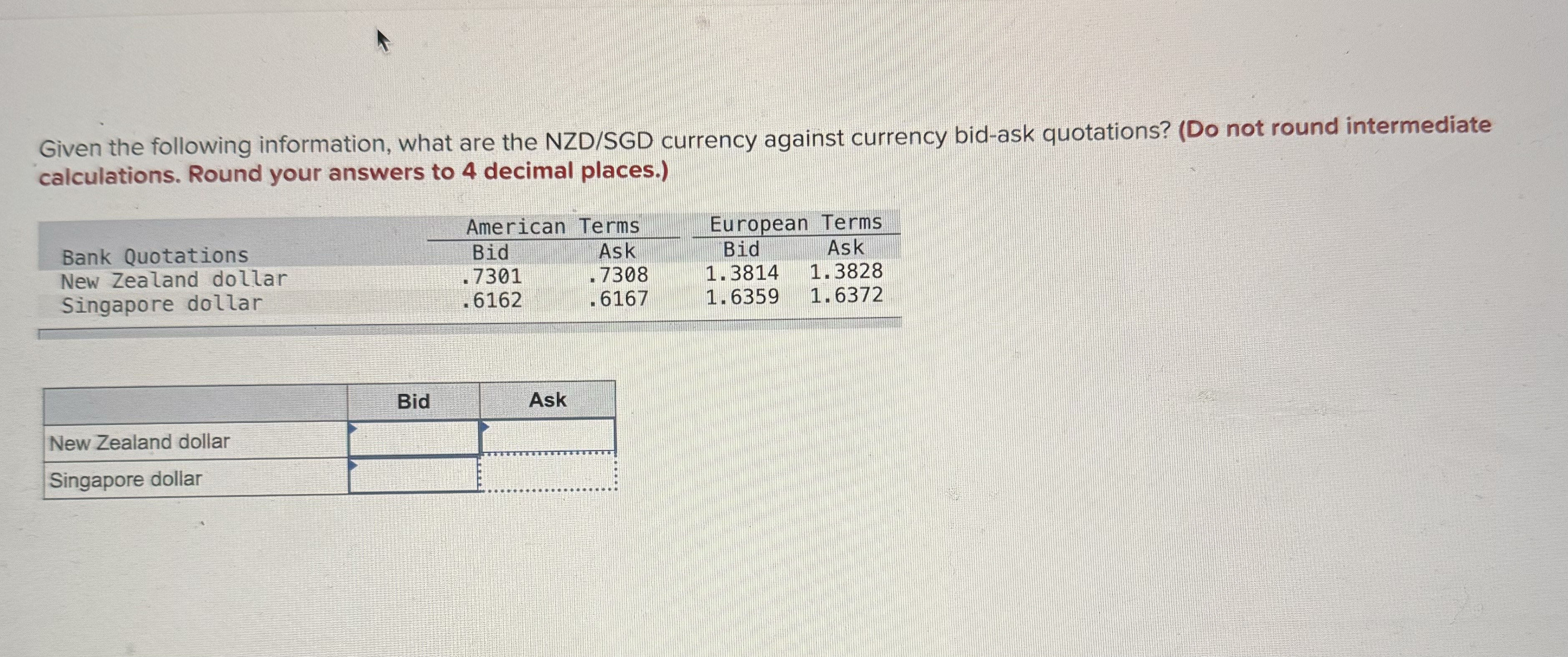 Solved Given the following information, what are the NZD/SGD | Chegg.com