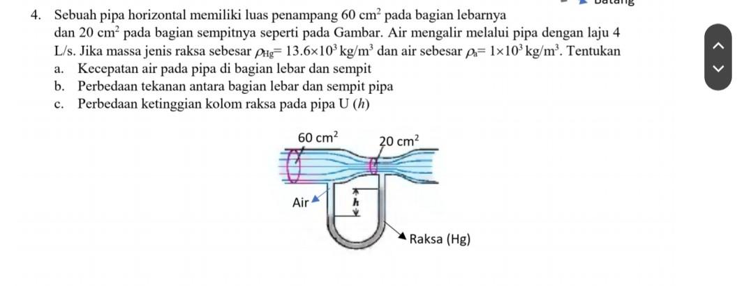 Solved 4. Sebuah Pipa Horizontal Memiliki Luas Penampang 60 | Chegg.com