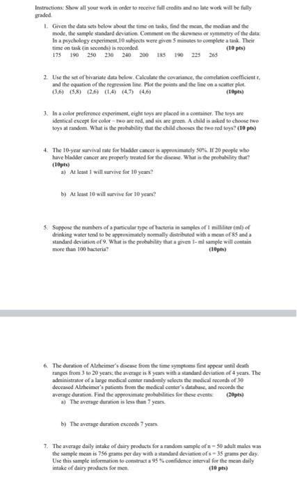 Solved Instructions: Show all yoar work in order to receive | Chegg.com