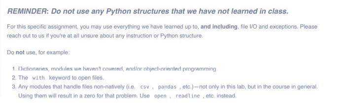 Solved REMINDER: Do not use any Python structures that we | Chegg.com
