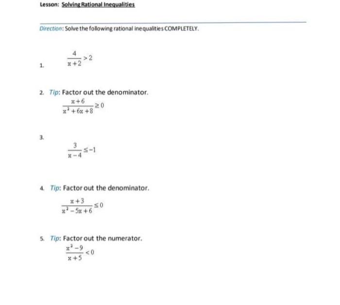 Solved Lesson: Solving Rational Inequalities Direction: | Chegg.com