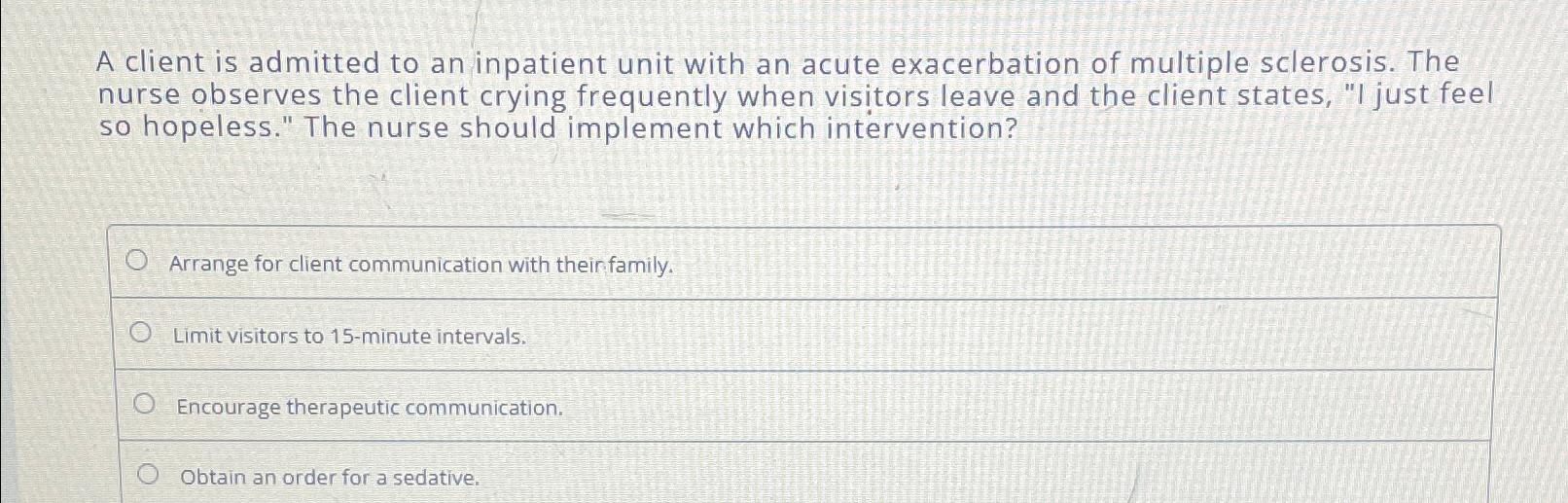 Solved A client is admitted to an inpatient unit with an | Chegg.com