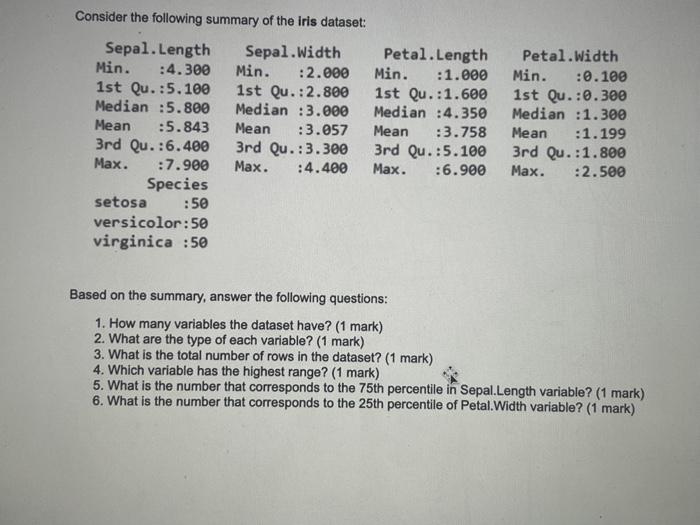 Solved Consider the following summary of the iris dataset: | Chegg.com