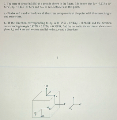 Solved The state of stress (in MPa ) ﻿at a point is shown in | Chegg.com