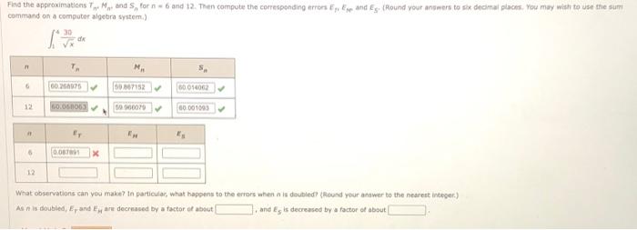 Solved Find the approximations T M and S, for n = 6 and 12. | Chegg.com