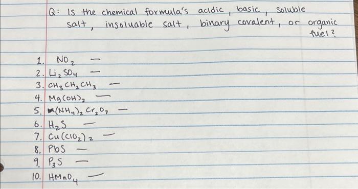 Solved Q: Is the chemical formula's acidic, basic, soluble | Chegg.com