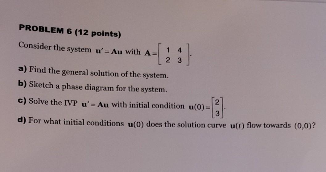 Solved PROBLEM 6 (12 points) Consider the system u'=Au with | Chegg.com