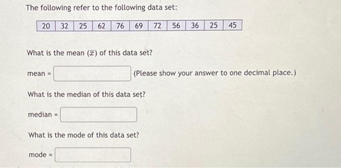 Solved The following refer to the following data set: What | Chegg.com