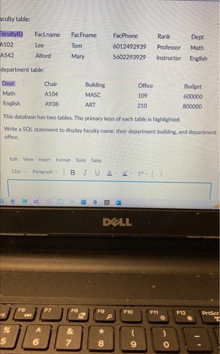 Solved aculty table: department table: This database has two | Chegg.com