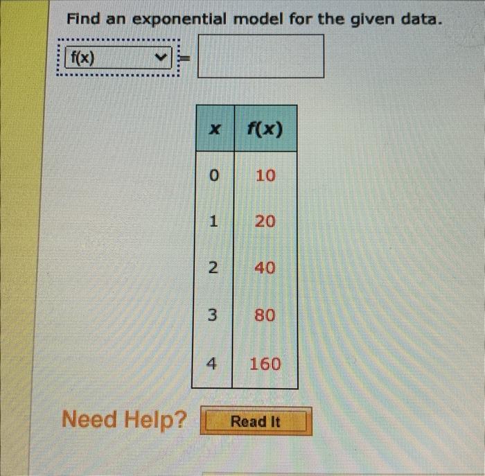 Find an exponential model for the given data.