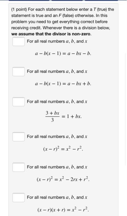 Solved (1 point) For each statement below enter a T (true) | Chegg.com