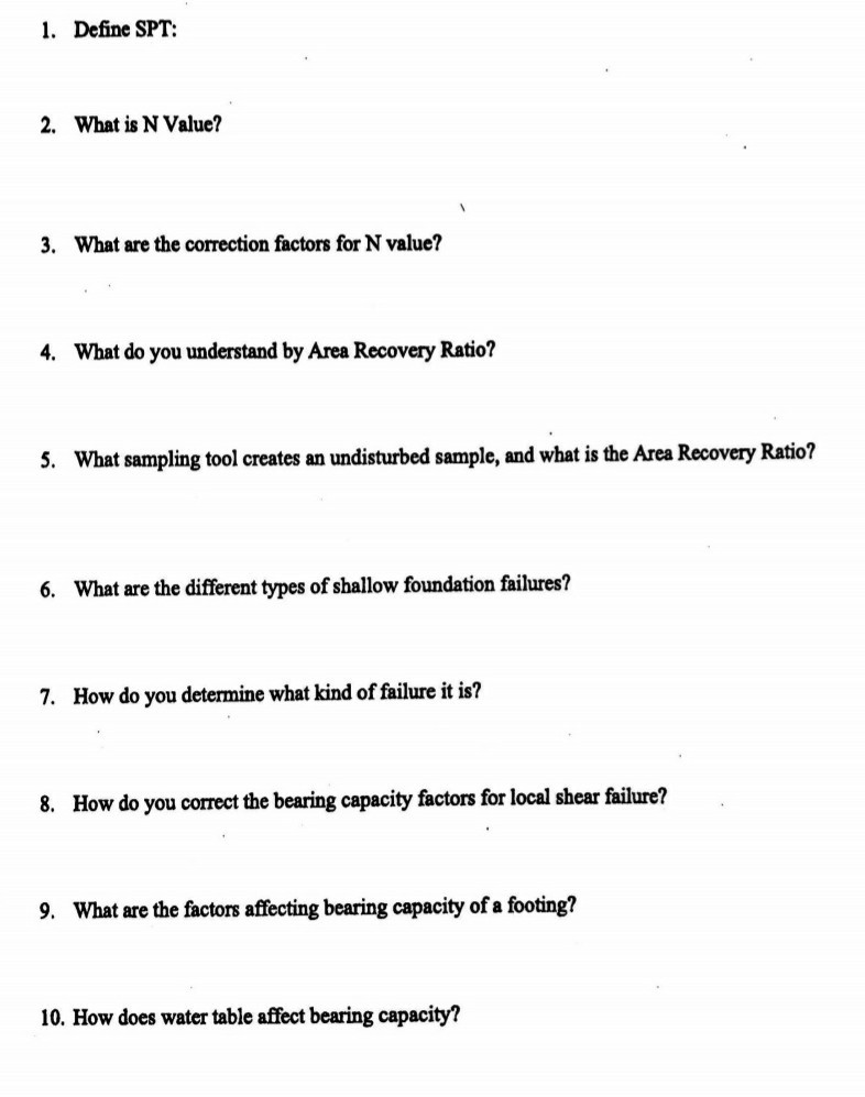 Solved 1. Define SPT 2. What is N Value? 3. What are the