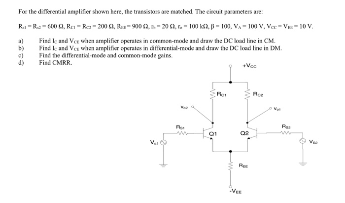 Solved For the differential amplifier shown here, the | Chegg.com