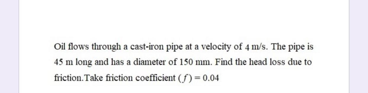 Solved Oil flows through a cast-iron pipe at a velocity of 4 | Chegg.com