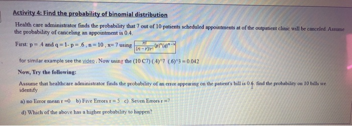 Solved Activity 4: Find the probability of binomial | Chegg.com