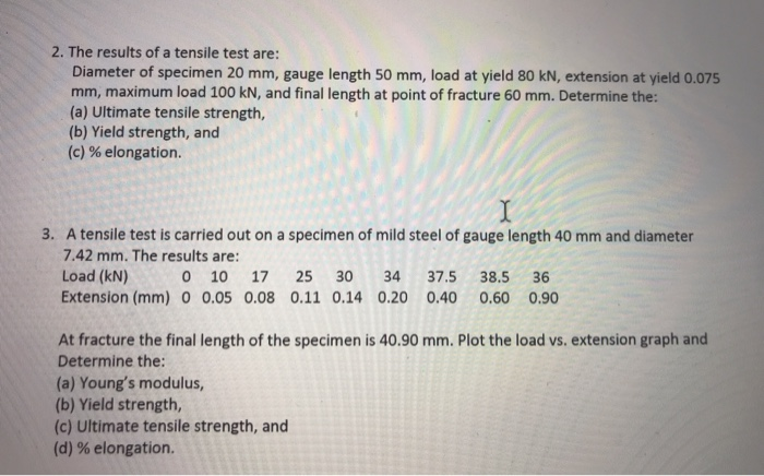 Solved 2. The results of a tensile test are: Diameter of | Chegg.com