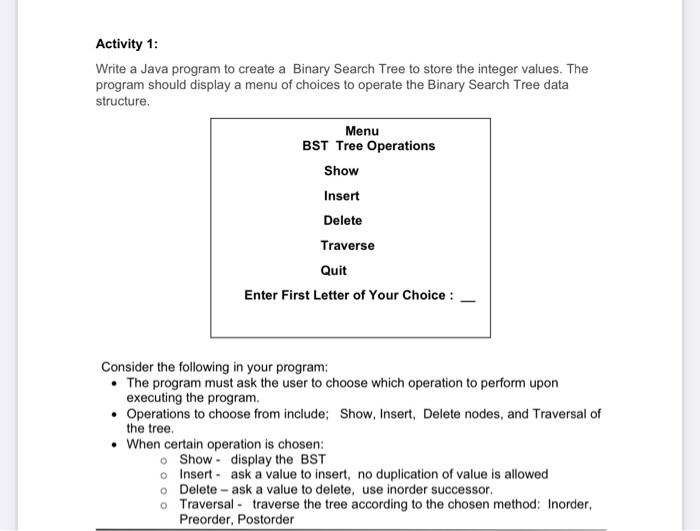 Solved Activity 1: Write a Java program to create a Binary | Chegg.com
