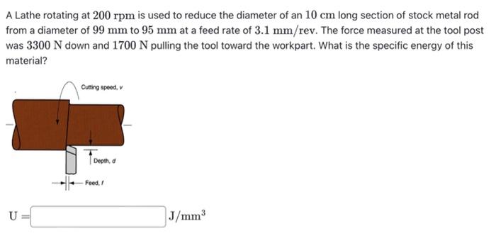 A Lathe rotating at \( 200 \mathrm{rpm} \) is used to reduce the diameter of an \( 10 \mathrm{~cm} \) long section of stock m
