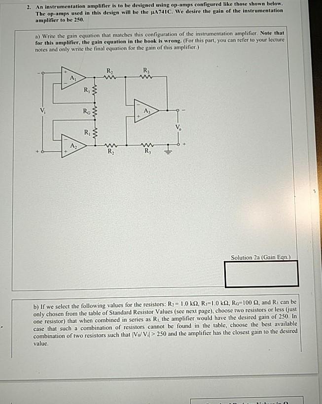 Solved 2. An instrumentation amplifier is to be designed | Chegg.com