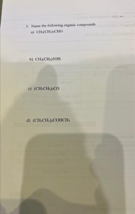 3. Name the following organic compounds
a) \( \mathrm{CH}_{3}\left(\mathrm{CH}_{2}\right)_{5} \mathrm{CHO} \)
b) \( \mathrm{C