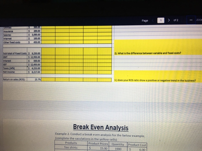 Solved Break Even Analysis Example 2. Conduct a break even | Chegg.com