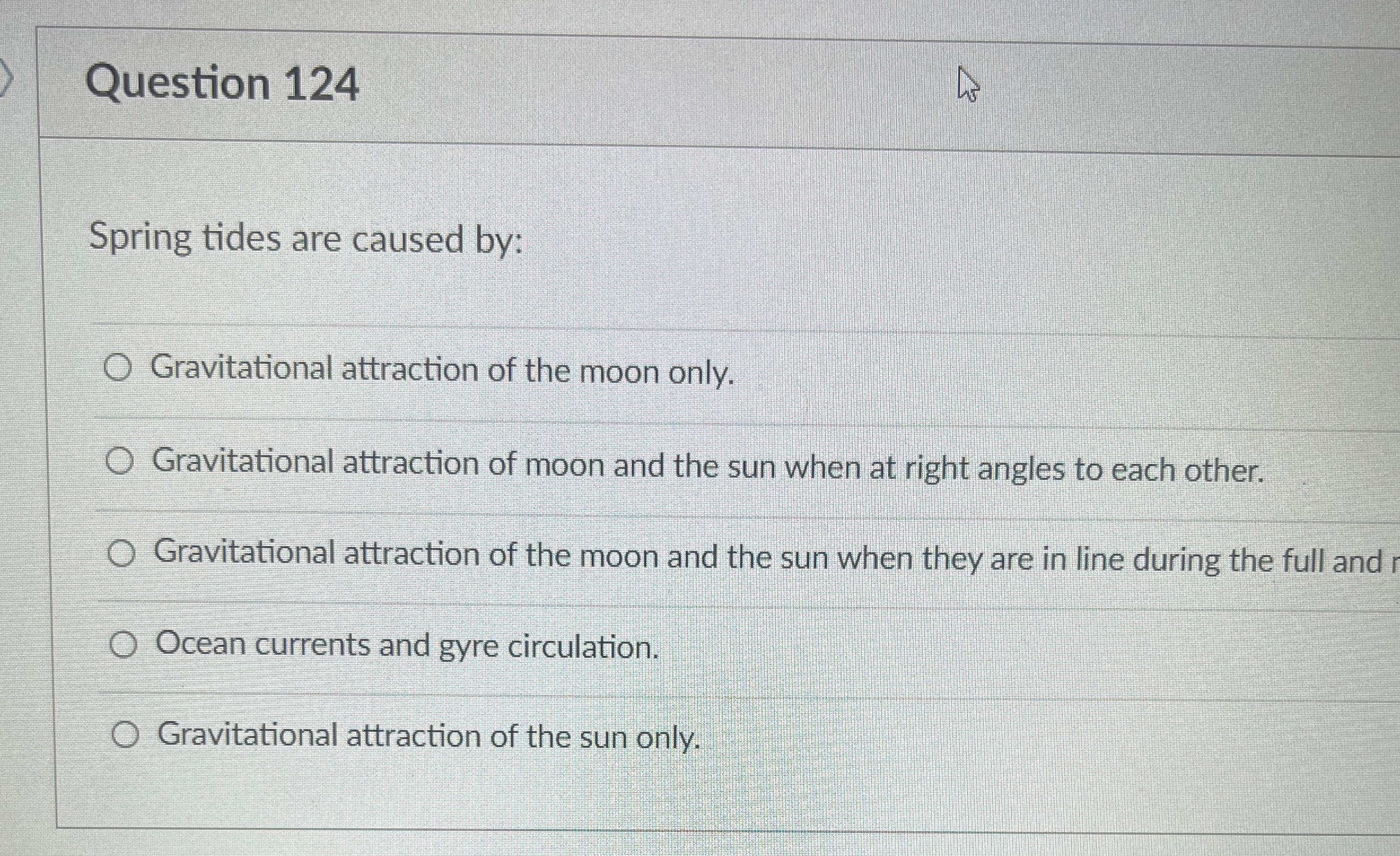 Solved Question 124Spring tides are caused by:Gravitational | Chegg.com
