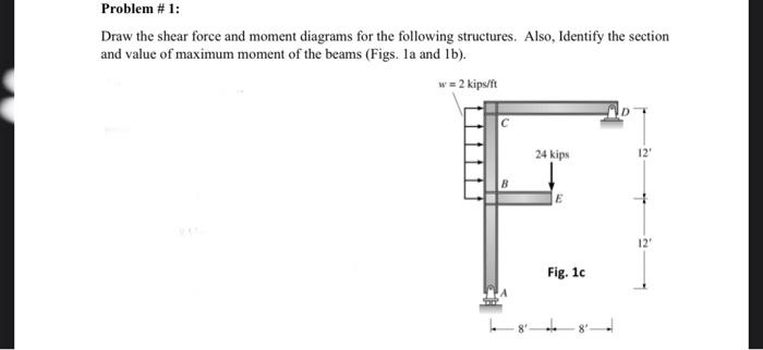 Draw the shear force and moment diagrams for the following structures. Also, Identify the section and value of maximum moment