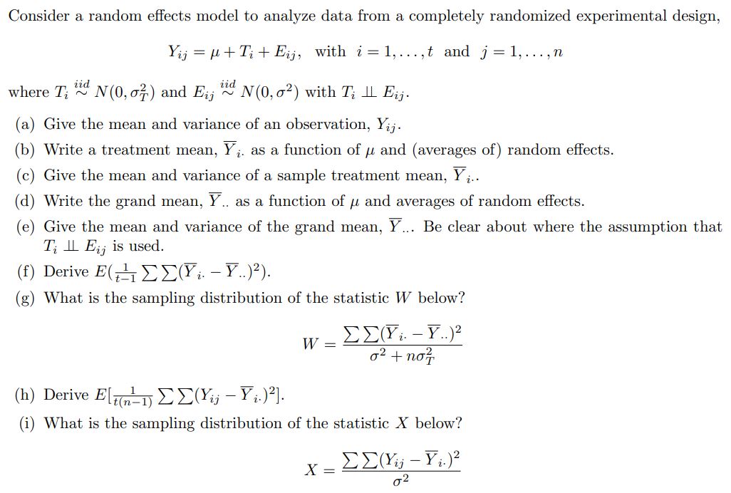 Consider a random effects model to analyze data from | Chegg.com