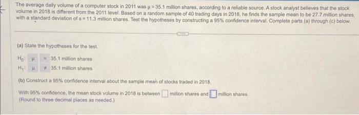 Solved The average daily volume of a computer stock in 2011 | Chegg.com