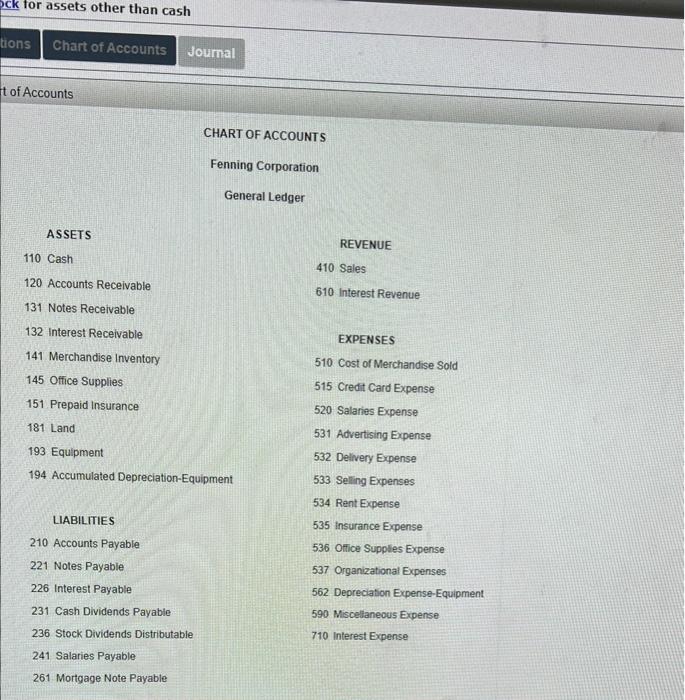 for assets other than cash
Chart of Accounts Joumal
tof Accounts
CHART OF ACCOUNTS
Fenning Corporation
General Ledger
ASSETS
