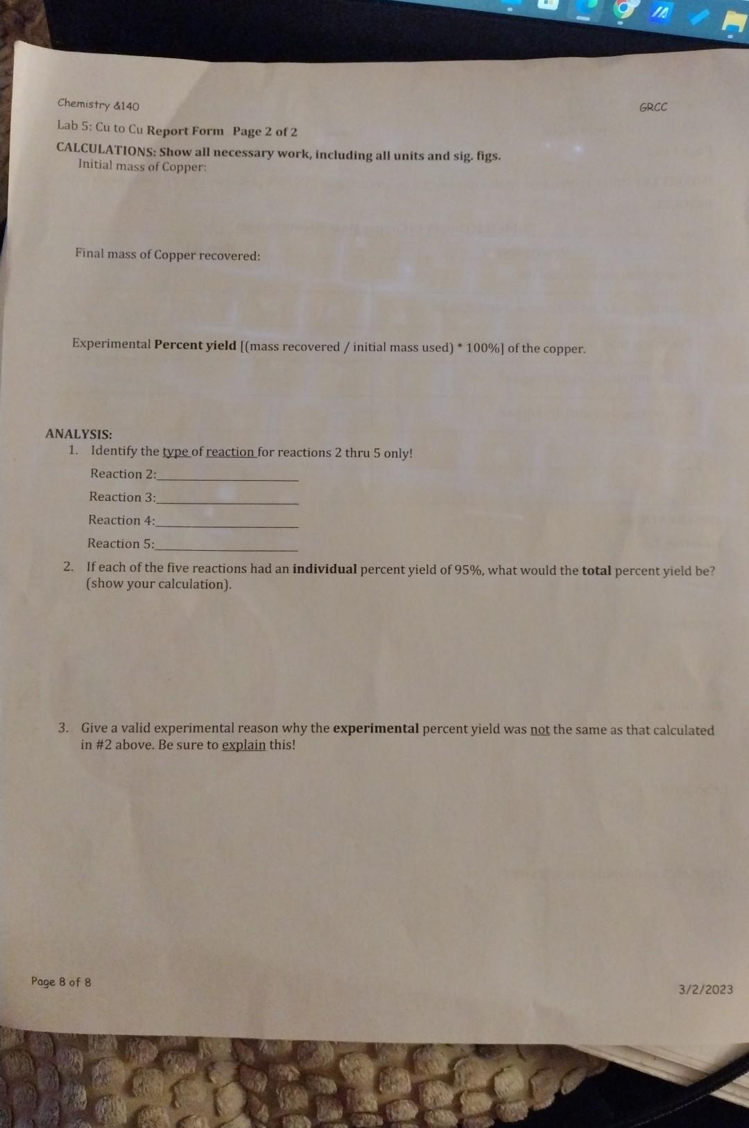 Chemistry \&140 GRCC Lab 5: Cu to Cu Report Form Page | Chegg.com