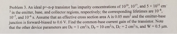 Solved Problem 3. An ideal p+-n-p transistor has impurity | Chegg.com