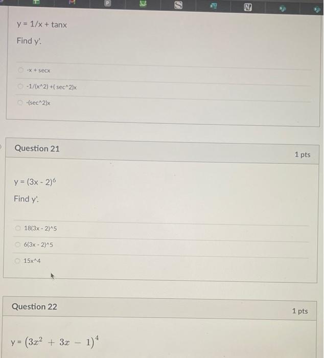 \[ y=1 / x+\tan x \] Find \( y^{\prime} \). \( -x+\sec x \) \( -1 /\left(x^{\wedge} 2\right)+\left(\sec ^{\wedge} 2\right) x