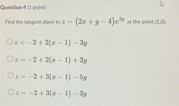 Solved Find The Tangent Plane To Z 2x Y−4 E2y At The Point