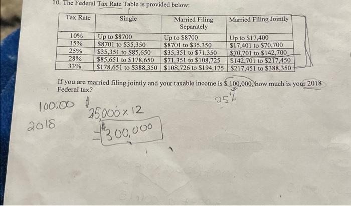 Solved 10. The Federal Tax Rate Table is provided below: If | Chegg.com