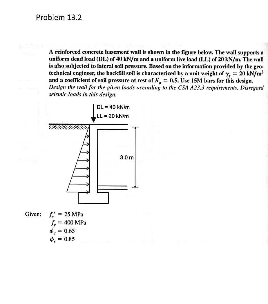 Solved Problem 13.2 A reinforced concrete basement wall is | Chegg.com