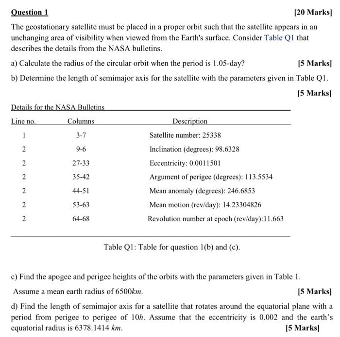 Solved Question 1 [20 Marks The Geostationary Satellite Must | Chegg.com