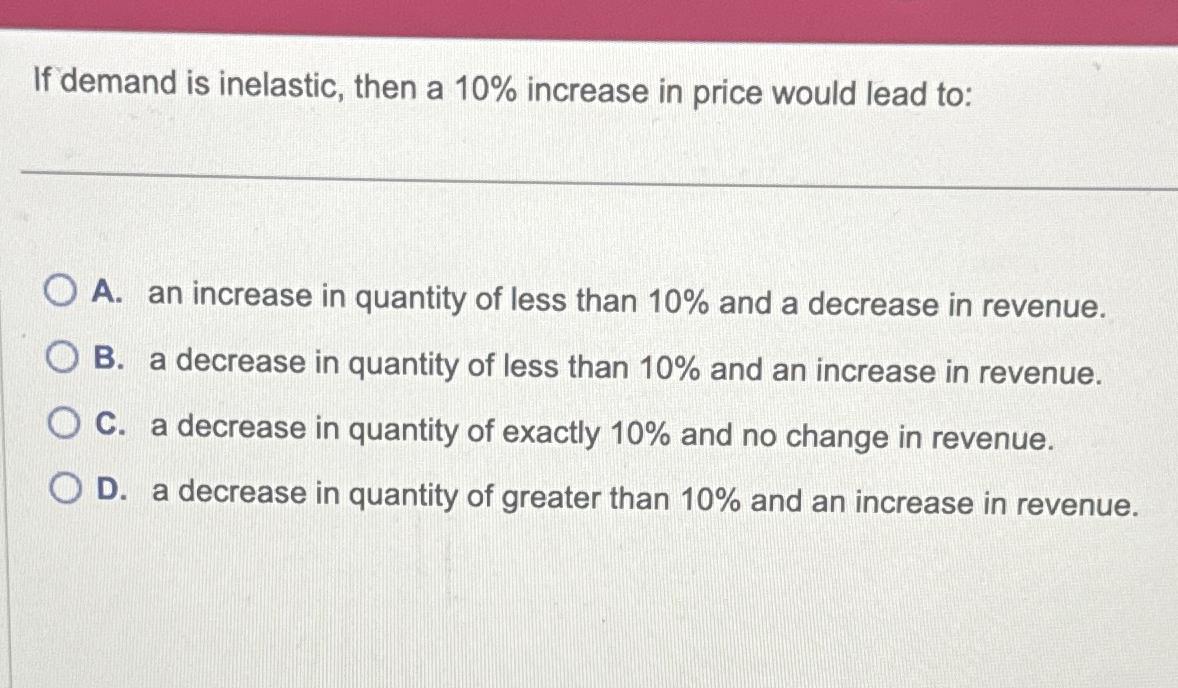 Solved If demand is inelastic, then a 10% ﻿increase in price | Chegg.com