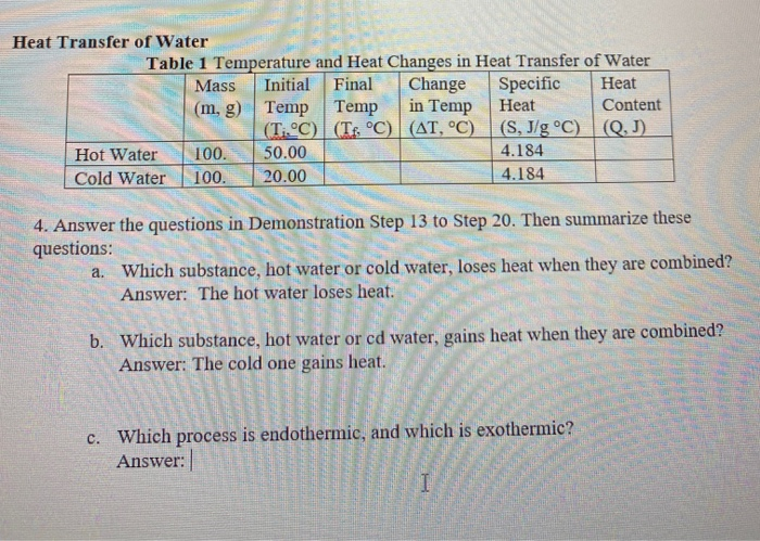 Solved Heat Transfer Of Water Table 1 Temperature And Hea Chegg Com
