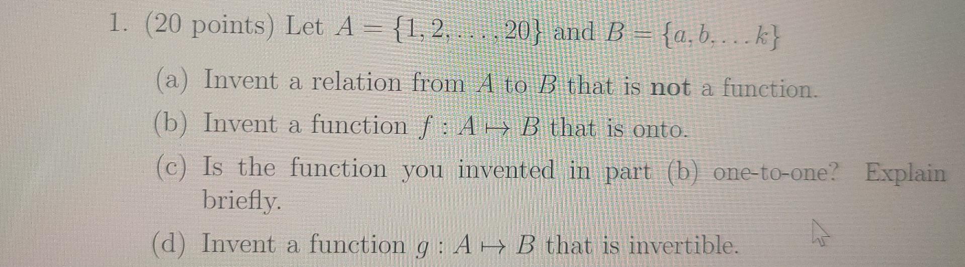 Solved 1. (20 Points) Let A = {1, 2,..., 20} And B = | Chegg.com